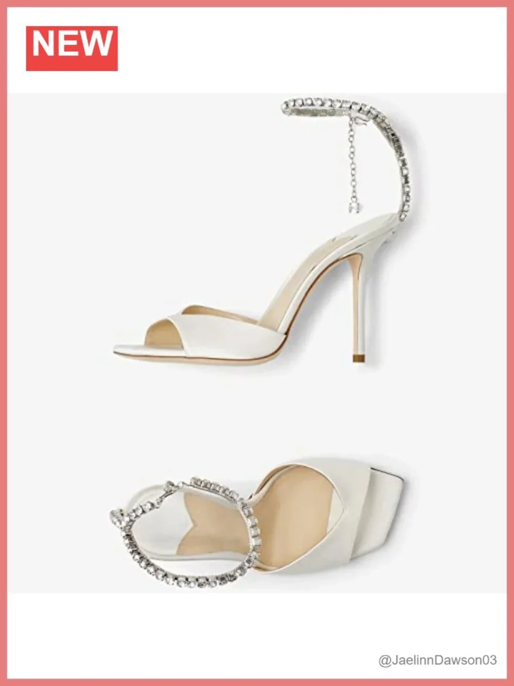 Women's Satin Heeled Sandals with Crystal Chain Ankle Strap Stiletto Square
